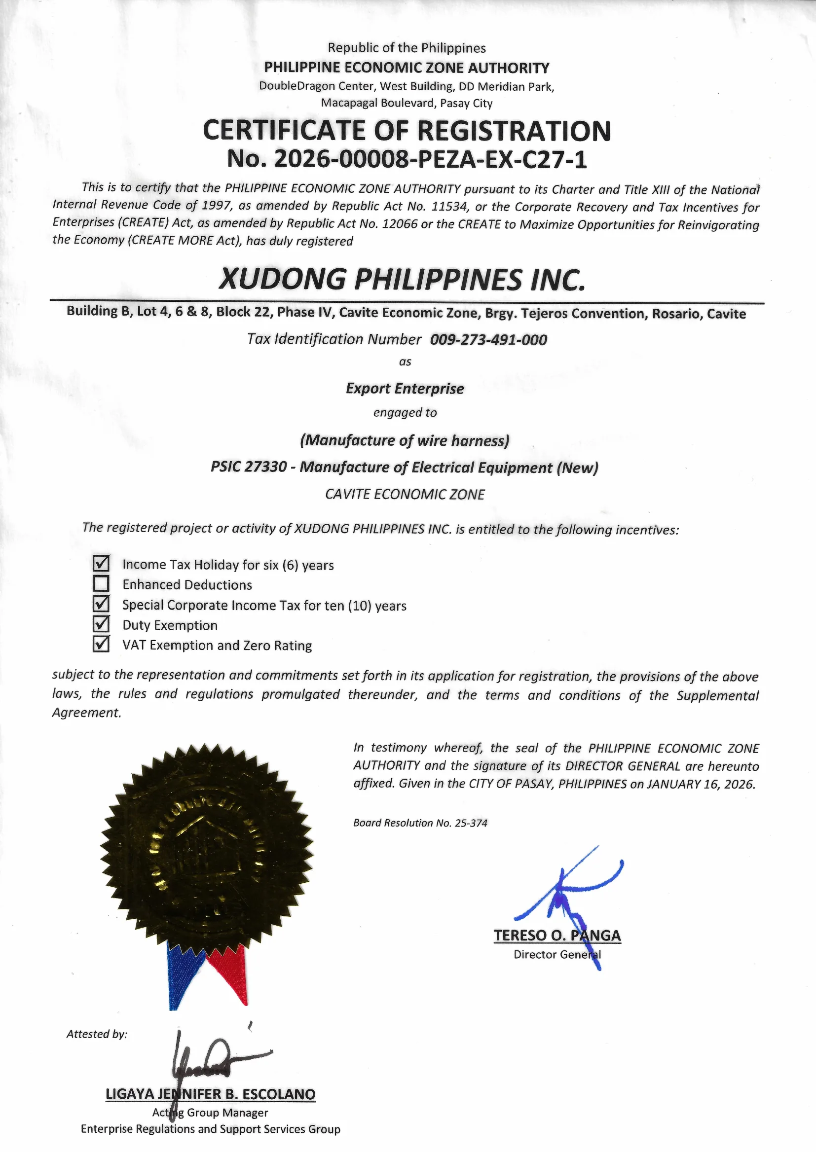 Certificat d’enregistrement PEZA n° 2026-00008-PEZA-EX-C27-1 — XUDONG PHILIPPINES INC.